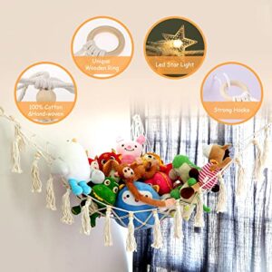 Stuffed Animal Net or Hammock with LED Light,Hanging Corner Net for Stuffed Animals Storage, Stuffed Animal Hammock Holder with Hooks for Hanging, Toy Organizer for Bedroom Nursery Crib Kindergarten