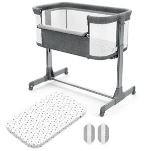 vancle baby bassinet bedside crib for baby sleeper, portable mesh bassinet with wheels & comfy mattress, height adjustable baby bed for infants & newborn baby boy & girl (grey)