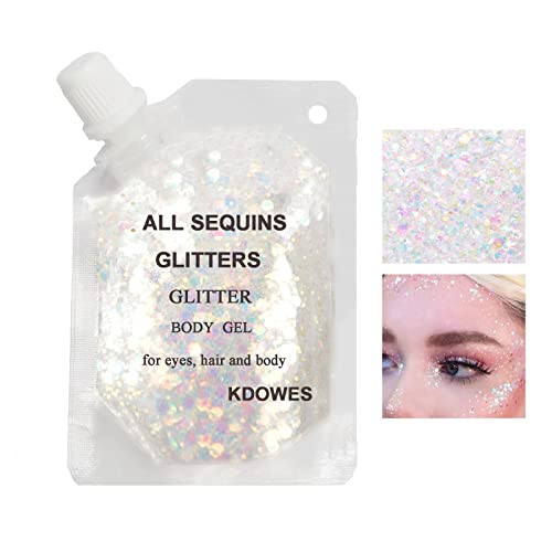 Body Glitter Gel 16 Color Sequins Glitter Gel Easy to Apply&Clean, Festival Glitter Christmas Makeup for Women Long Lasting Sparkling Suitable for Body, Face, Hair, Eyes White(Chunky Glitter)