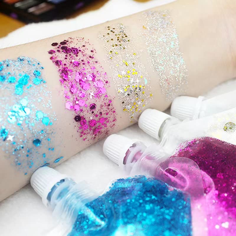 Body Glitter Gel 16 Color Sequins Glitter Gel Easy to Apply&Clean, Festival Glitter Christmas Makeup for Women Long Lasting Sparkling Suitable for Body, Face, Hair, Eyes White(Chunky Glitter)