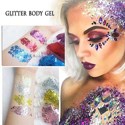 Body Glitter Gel 16 Color Sequins Glitter Gel Easy to Apply&Clean, Festival Glitter Christmas Makeup for Women Long Lasting Sparkling Suitable for Body, Face, Hair, Eyes White(Chunky Glitter)