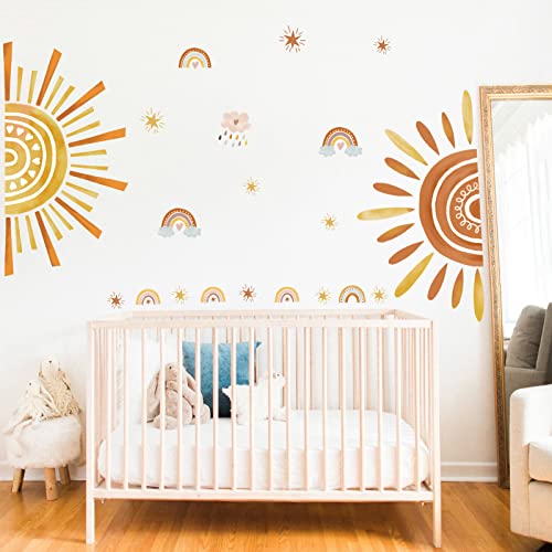 wondever Boho Sun Wall Stickers Large Rainbow and Clouds Peel and Stick Wall Art Decals for Baby Nursery Kids Bedroom Living Room