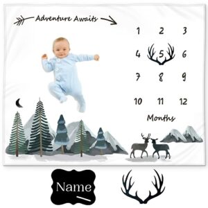 KEMINA BLANKETS Baby Monthly Milestone Blanket Boy - Milestone Blanket for Baby Boy Includes Felt Frame and Personalized Board, Adventure Mountain Month Blanket Woodland Nursery, Baby Shower 50x40