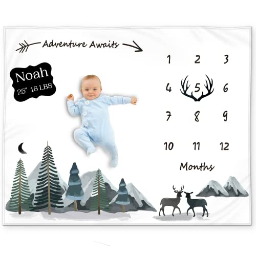 KEMINA BLANKETS Baby Monthly Milestone Blanket Boy - Milestone Blanket for Baby Boy Includes Felt Frame and Personalized Board, Adventure Mountain Month Blanket Woodland Nursery, Baby Shower 50x40