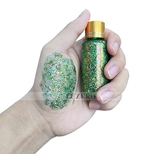 Holographic Laser Body Glitter Gel, Mermaid Sequins Face Glitter Makeup for Body, Hair, Face, Nail, Eyeshadow, Long Lasting Waterproof Party Glitter for Festival Stage Nightclubs, 1oz (Laser Green)