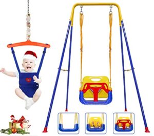 3-in-1 toddler swing set and baby jumper, baby swing with bouncers for indoor outdoor play, sturdy safety seat and foldable metal swing stand easy to assemble and store at home garage