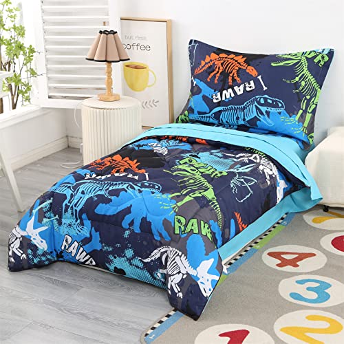 Wowelife Dinosaur Toddler Bedding Sets for Boys and Girls, Premium 4 Piece Dinosaur Skeleton Toddler Bed Set Blue, Super Soft and Comfortable for Toddler