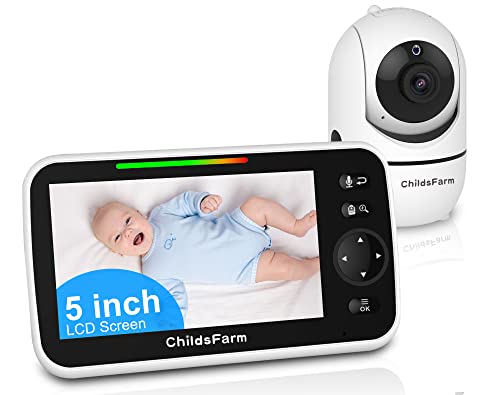 ChildsFarm Baby Monitor with Camera and Audio, 5 Inch Remote Pan-Tilt-Zoom Video Baby Monitor with Screen, No WiFi, Night Vision, 2-Way Talk, Temperature, 1000ft, 26-Hour Battery, Gift Idea