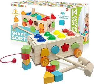 kidsthrill 22 pcs set wooden shape sorter toy for toddlers, & pound a ball toy 12 shapes 8 balls 2 hammers montessori gift toys for 2 3 4 years old boys & girls fine motor skills toddler toy