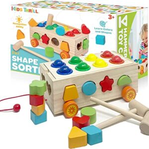 KIDSTHRILL 22 Pcs Set Wooden Shape Sorter Toy for Toddlers, & Pound A Ball Toy 12 Shapes 8 Balls 2 Hammers Montessori Gift Toys for 2 3 4 Years Old Boys & Girls Fine Motor Skills Toddler Toy