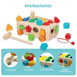 KIDSTHRILL 22 Pcs Set Wooden Shape Sorter Toy for Toddlers, & Pound A Ball Toy 12 Shapes 8 Balls 2 Hammers Montessori Gift Toys for 2 3 4 Years Old Boys & Girls Fine Motor Skills Toddler Toy