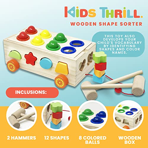 KIDSTHRILL 22 Pcs Set Wooden Shape Sorter Toy for Toddlers, & Pound A Ball Toy 12 Shapes 8 Balls 2 Hammers Montessori Gift Toys for 2 3 4 Years Old Boys & Girls Fine Motor Skills Toddler Toy