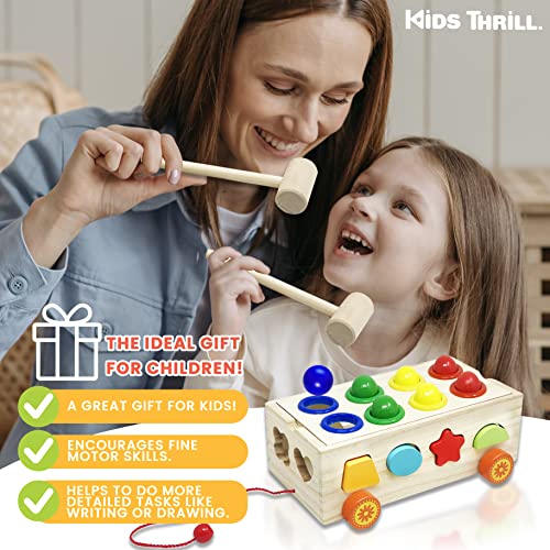 KIDSTHRILL 22 Pcs Set Wooden Shape Sorter Toy for Toddlers, & Pound A Ball Toy 12 Shapes 8 Balls 2 Hammers Montessori Gift Toys for 2 3 4 Years Old Boys & Girls Fine Motor Skills Toddler Toy