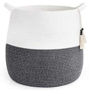 goodpick cute round storage basket, baby nursery hamper for blankets, clothes, toys, woven rope basket for living room, decor, toy bin, grey, 17.71 x 14.9 inches