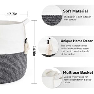 Goodpick Cute Round Storage Basket, Baby Nursery Hamper for Blankets, Clothes, Toys, Woven Rope Basket for Living Room, Decor, Toy Bin, Grey, 17.71 x 14.9 inches