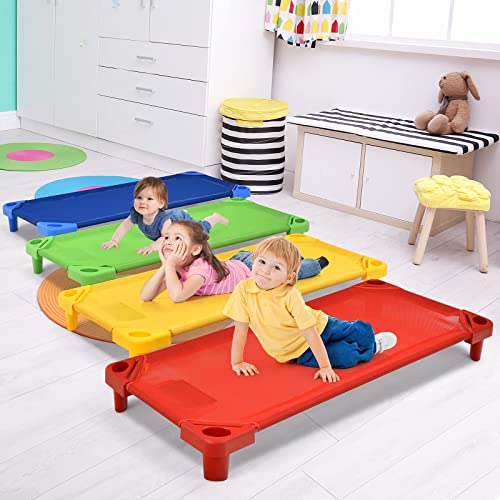 FUTADA Toddler Stackable Naptime Cot, Kids Space Saving Sleeping Bed w/Easy Lift Corner, Easy to Assemble, Children Sleeping Cots Suitable for Preschool Classroom, Daycare, Pack of 4(Multicolor)
