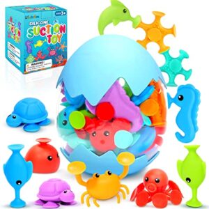 suction bath toys for kids - fine motor window toys, silicone ocean animal suction cup toys with dinosaur eggshell, sensory travel toys for toddlers, great for autism/add/adhd.