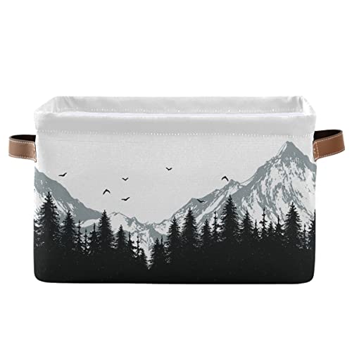 xigua Mountains Rectangular Storage Bin Collapsible Storage Box Canvas Toy Basket Large Foldable Storage Organizer with Leather Handles for Living Room Bedroom Kitchen Kids Room