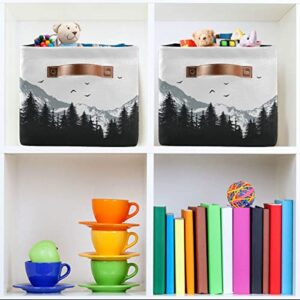 xigua Mountains Rectangular Storage Bin Collapsible Storage Box Canvas Toy Basket Large Foldable Storage Organizer with Leather Handles for Living Room Bedroom Kitchen Kids Room