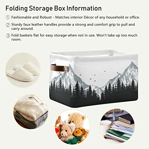 xigua Mountains Rectangular Storage Bin Collapsible Storage Box Canvas Toy Basket Large Foldable Storage Organizer with Leather Handles for Living Room Bedroom Kitchen Kids Room