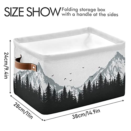 xigua Mountains Rectangular Storage Bin Collapsible Storage Box Canvas Toy Basket Large Foldable Storage Organizer with Leather Handles for Living Room Bedroom Kitchen Kids Room