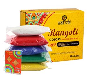 satvik 5 shades of rangoli colors more quantity easy to store glitter rangoli colours pouch (no gulal) festival/festive multi colors powder art crafts painting, diwali housewarming return gifts items