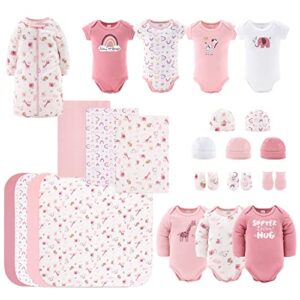 the peanutshell newborn clothes & accessories set - 23 piece baby girl layette gift set - fits newborn to 3 months - rainbow & safari, pink