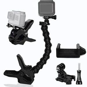 niewalda jaws flex clamp mount with adjustable gooseneck, upgrade camera mount clamp with cell phone holder & rotation base, compatible with gopro hero all series, dji osmo, akaso, action cameras