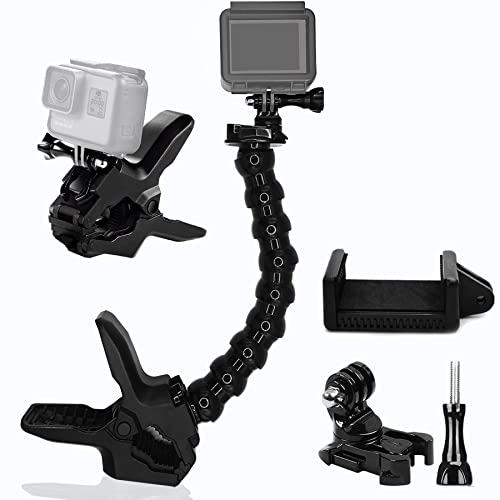 Niewalda Jaws Flex Clamp Mount with Adjustable Gooseneck, Upgrade Camera Mount Clamp with Cell Phone Holder & Rotation Base, Compatible with GoPro Hero All Series, DJI OSMO, Akaso, Action Cameras