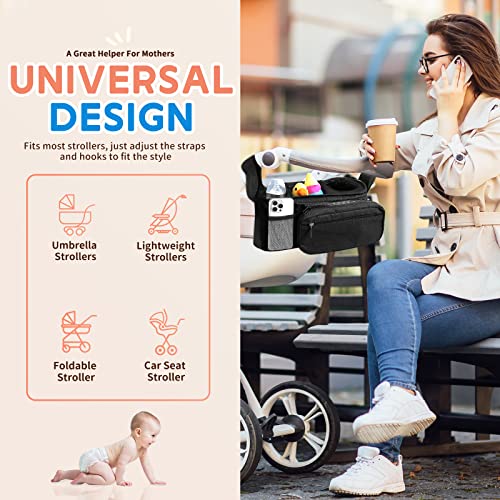 EASYFUN Baby Stroller Organizer with 2 Insulated Cup Holder Detachable Zippered Pocket & Adjustable Shoulder Strap, Universal Stroller Accessories Fits For All Baby Strollers