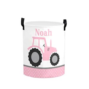 personalized laundry basket hamper,farm tractor truck pink dots,collapsible storage baskets with handles for kids room,clothes, nursery decor