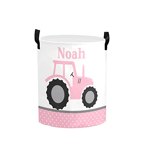 Personalized Laundry Basket Hamper,Farm Tractor Truck Pink Dots,Collapsible Storage Baskets with Handles for Kids Room,Clothes, Nursery Decor