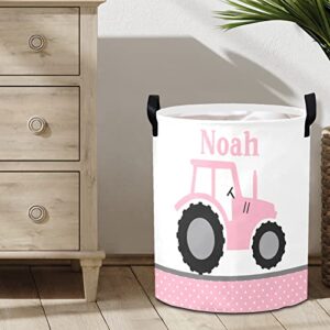 Personalized Laundry Basket Hamper,Farm Tractor Truck Pink Dots,Collapsible Storage Baskets with Handles for Kids Room,Clothes, Nursery Decor