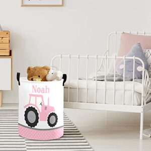 Personalized Laundry Basket Hamper,Farm Tractor Truck Pink Dots,Collapsible Storage Baskets with Handles for Kids Room,Clothes, Nursery Decor