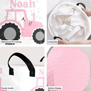 Personalized Laundry Basket Hamper,Farm Tractor Truck Pink Dots,Collapsible Storage Baskets with Handles for Kids Room,Clothes, Nursery Decor