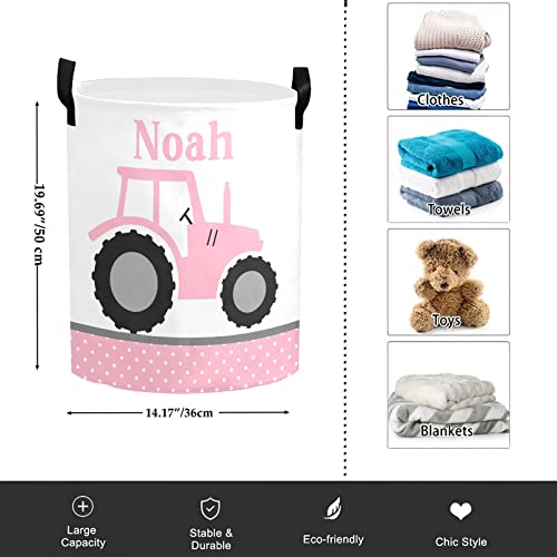 Personalized Laundry Basket Hamper,Farm Tractor Truck Pink Dots,Collapsible Storage Baskets with Handles for Kids Room,Clothes, Nursery Decor