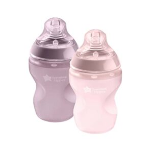tommee tippee closer to nature soft feel silicone baby bottle, slow flow breast-like nipple, anti colic, stain and odor resistant (9oz, 2 count, pink)