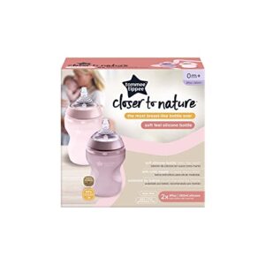 Tommee Tippee Closer to Nature Soft Feel Silicone Baby Bottle, Slow Flow Breast-Like Nipple, Anti Colic, Stain and Odor Resistant (9oz, 2 Count, Pink)