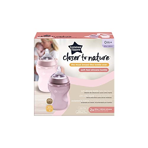 Tommee Tippee Closer to Nature Soft Feel Silicone Baby Bottle, Slow Flow Breast-Like Nipple, Anti Colic, Stain and Odor Resistant (9oz, 2 Count, Pink)