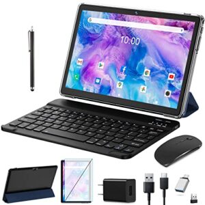 2023 newest tablet 10 inch, android 11 tablet newest quad-core processor, 2 in 1 tablet with keyboard, 64gb rom + 4gb ram storage, 128gb expandable, 5g wifi, bluetooth, gps, 1280 * 800 hd display