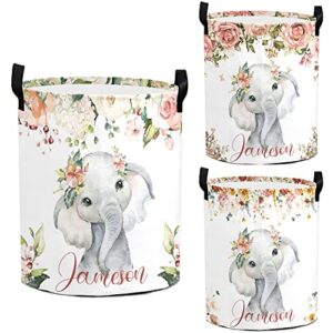 personalized laundry basket for boys girls with name flowers custom baby laundry hamper with handle collapsible clothes storage bathroom living room bedroom decor (baby elephant)