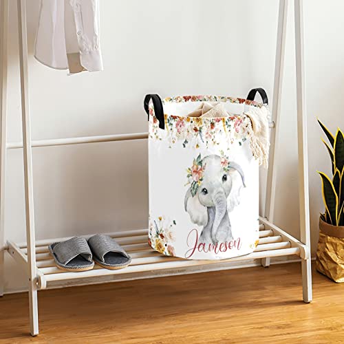 Personalized Laundry Basket for Boys Girls with Name Flowers Custom Baby Laundry Hamper with Handle Collapsible Clothes Storage Bathroom Living Room Bedroom Decor (Baby Elephant)