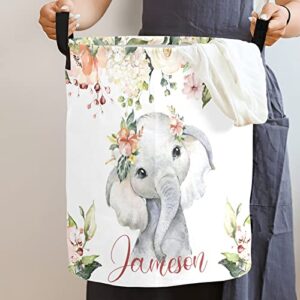 Personalized Laundry Basket for Boys Girls with Name Flowers Custom Baby Laundry Hamper with Handle Collapsible Clothes Storage Bathroom Living Room Bedroom Decor (Baby Elephant)