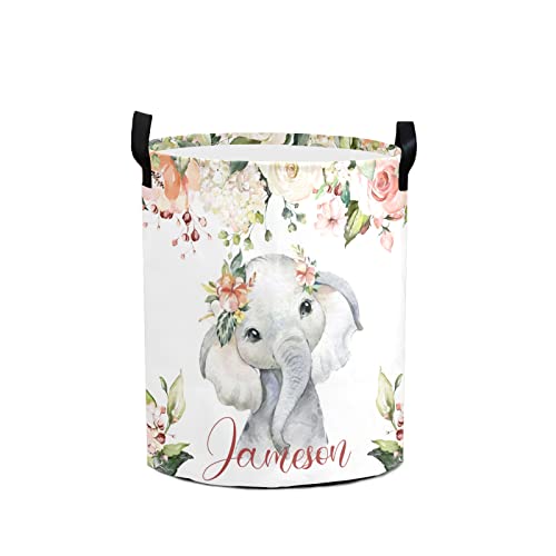 Personalized Laundry Basket for Boys Girls with Name Flowers Custom Baby Laundry Hamper with Handle Collapsible Clothes Storage Bathroom Living Room Bedroom Decor (Baby Elephant)