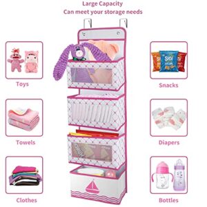 Boczif Over Door Hanging Organizer, Wall Mount Storage with 4 Large Pocket and Mesh Clear Window, Closet Door Organizer for Children's Rooms,Nursery, Bedroom, Kids Toys, Shoes, Diapers(1-Pink)