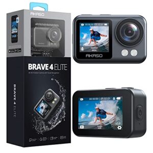 akaso brave 4 elite 4k60fps 20mp ultra hd action camera ipx8 33ft underwater camcorder waterproof camera with 64gb storage, touch screen, stabilization 2.0, built-in 1650mah battery and accessory kit