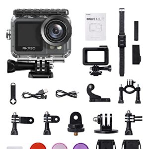 AKASO Brave 4 Elite 4K60fps 20MP Ultra HD Action Camera IPX8 33FT Underwater Camcorder Waterproof Camera with 64GB Storage, Touch Screen, Stabilization 2.0, Built-in 1650mAh Battery and Accessory Kit