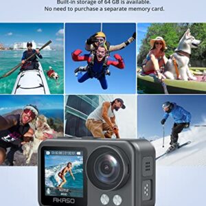 AKASO Brave 4 Elite 4K60fps 20MP Ultra HD Action Camera IPX8 33FT Underwater Camcorder Waterproof Camera with 64GB Storage, Touch Screen, Stabilization 2.0, Built-in 1650mAh Battery and Accessory Kit