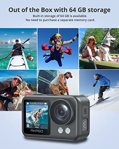 AKASO Brave 4 Elite 4K60fps 20MP Ultra HD Action Camera IPX8 33FT Underwater Camcorder Waterproof Camera with 64GB Storage, Touch Screen, Stabilization 2.0, Built-in 1650mAh Battery and Accessory Kit