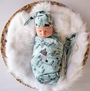 bellasignoro newborn receiving blanket swaddle blanket hat set for baby snug wrap (mountain&tree)